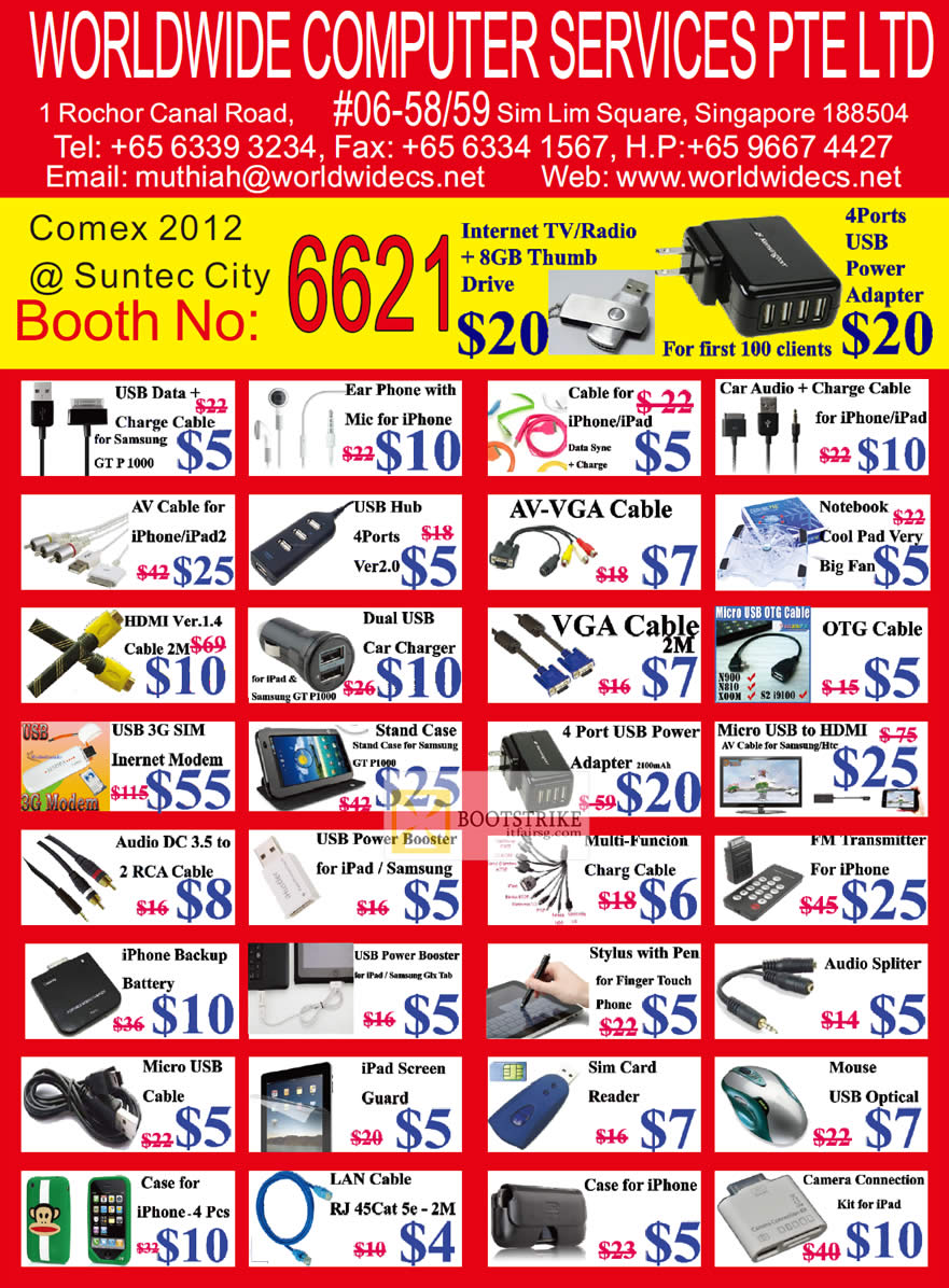 COMEX 2012 price list image brochure of Worldwide Computer Accessories USB Cable, Earphone, VGA Cable, Cooling Pad, HDMI, Screen Protector, Card Reader, Mouse, LAN, Case