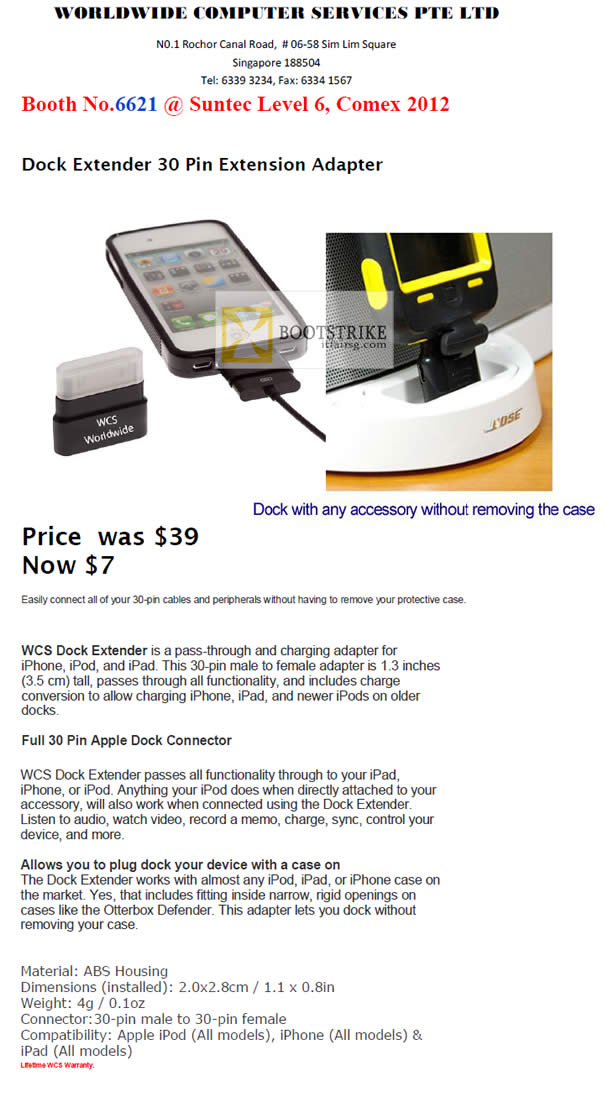 COMEX 2012 price list image brochure of Worldwide Computer Dock Extender 30 Pin Extension Adapter