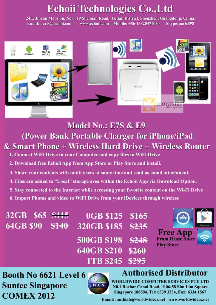 COMEX 2012 price list image brochure of Worldwide Computer E7S E9 Echoii Portable Charger, External Storage, Wireless Router