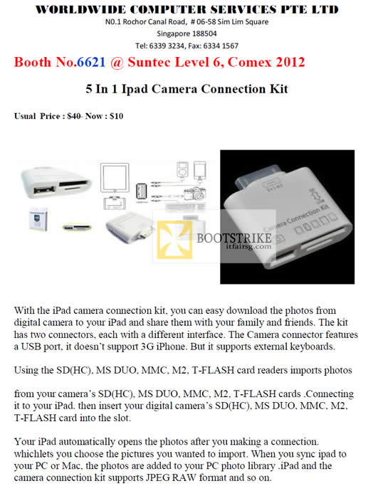 COMEX 2012 price list image brochure of Worldwide Computer IPad Camera Connection Kit