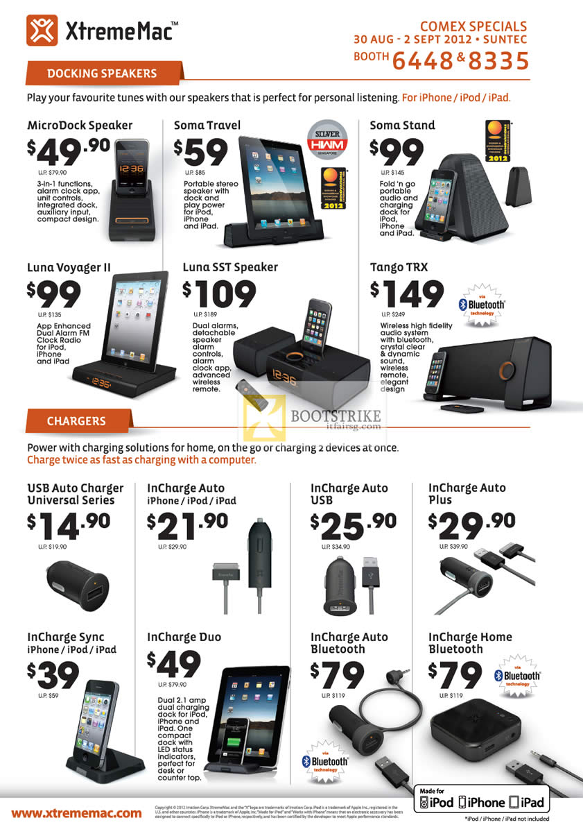 COMEX 2012 price list image brochure of XtremeMac MicroDock Speakers, Soma Travel, Stand, Luna Voyager II, Luna SST, Tango TRX, Chargers InCharge Duo Home