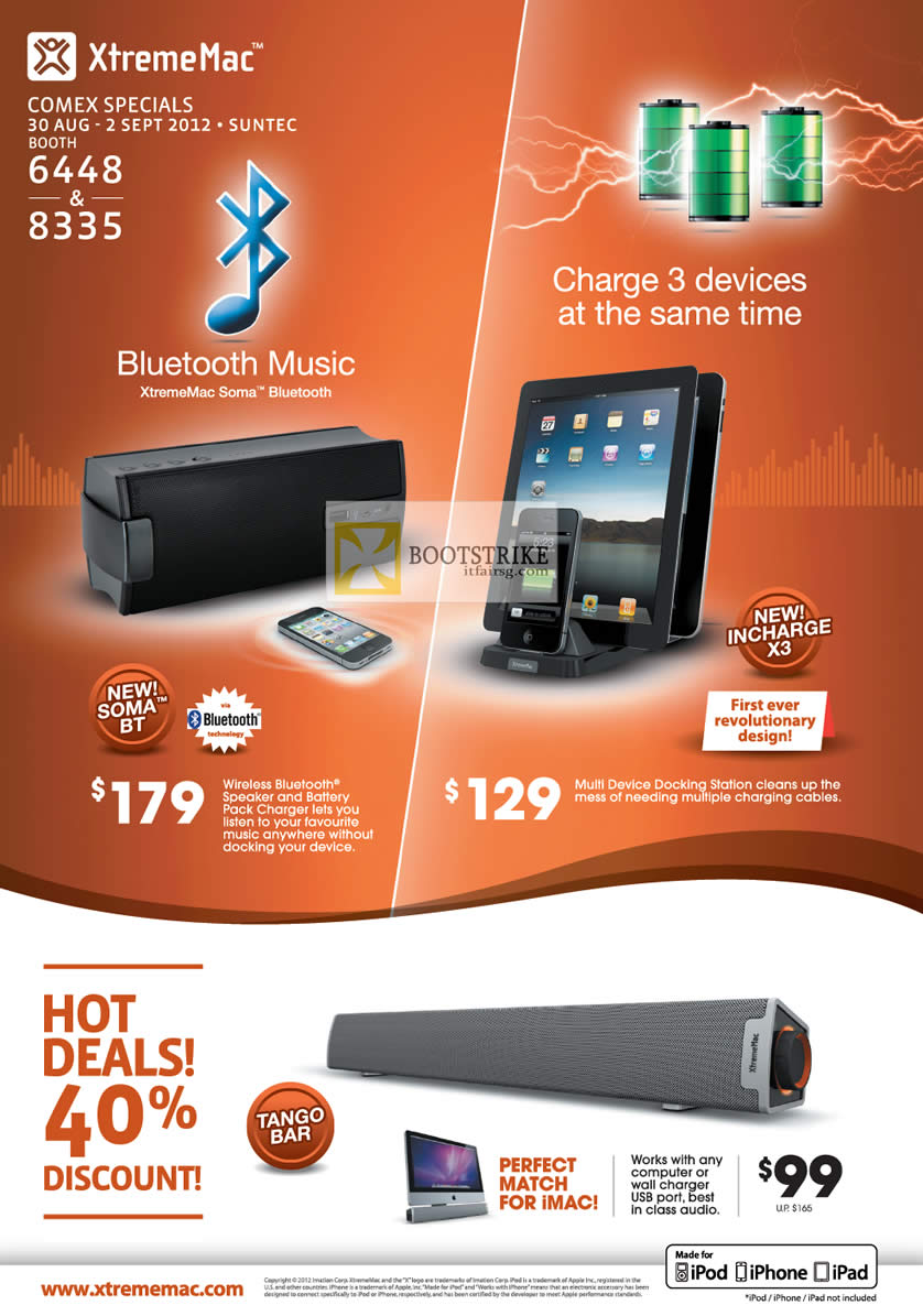 COMEX 2012 price list image brochure of XtremeMac Soma Bluetooth BT, Incharge X3 Charger, Tango Bar