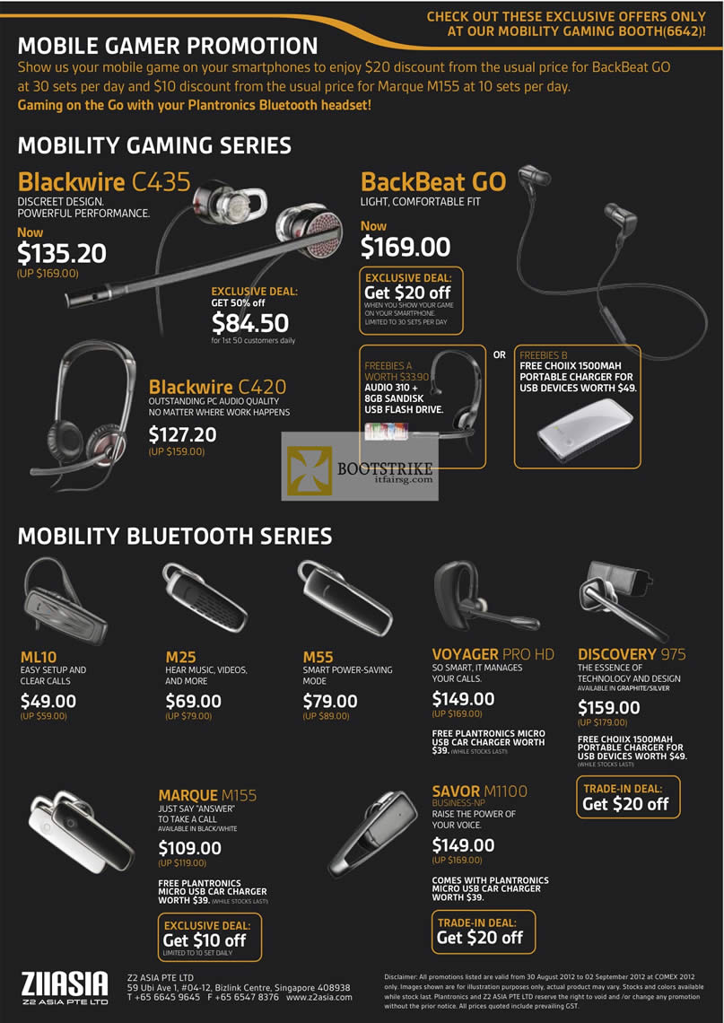 COMEX 2012 price list image brochure of Z2 Asia Plantronics Bluetooth Headset Blackwire C435, C420, BackBeat Go, ML10, M25, M55, Voyager Pro HD, Discovery 975, Marque M155, Savor M1100
