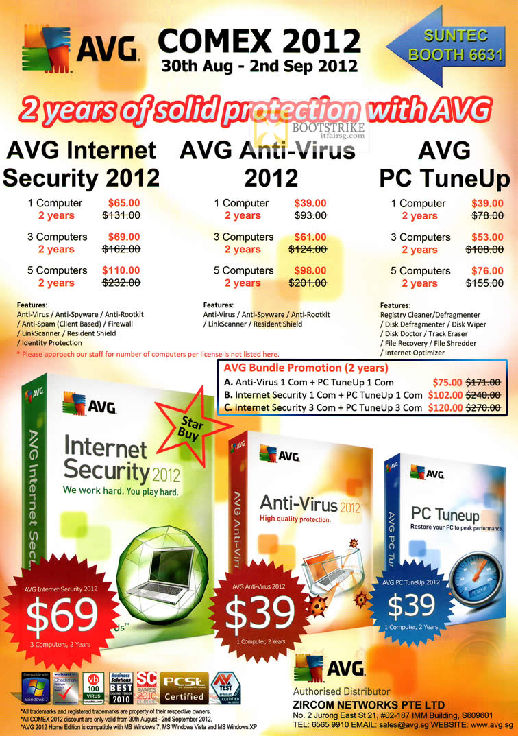 COMEX 2012 price list image brochure of Zircom AVG Internet Security 2012, Anti Virus 2012, PC TuneUp
