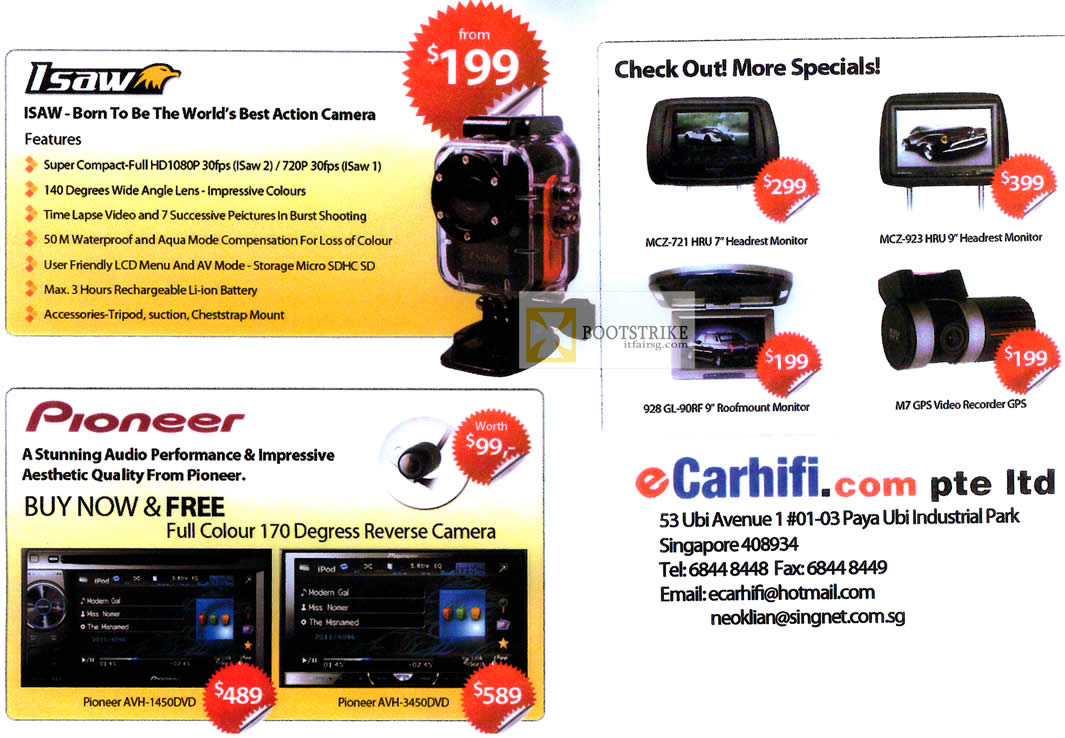 COMEX 2012 price list image brochure of ECarhifi ISaw Video Camcorder, Pioneer Reverse Camera, Monitors MCZ 721 923 928 GL-90RF, M7 GPS