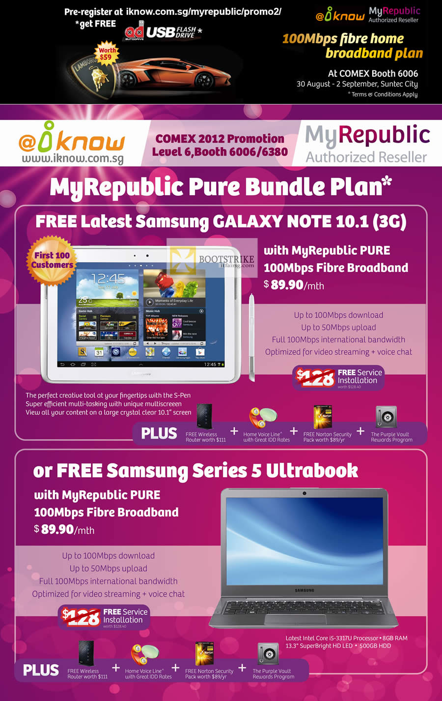 COMEX 2012 price list image brochure of IKnow MyRepublic 100Mbps Pure Bundle Fibre Broadband Free Samsung Galaxy Note 10.1, Samsung Series 5 Ultrabook
