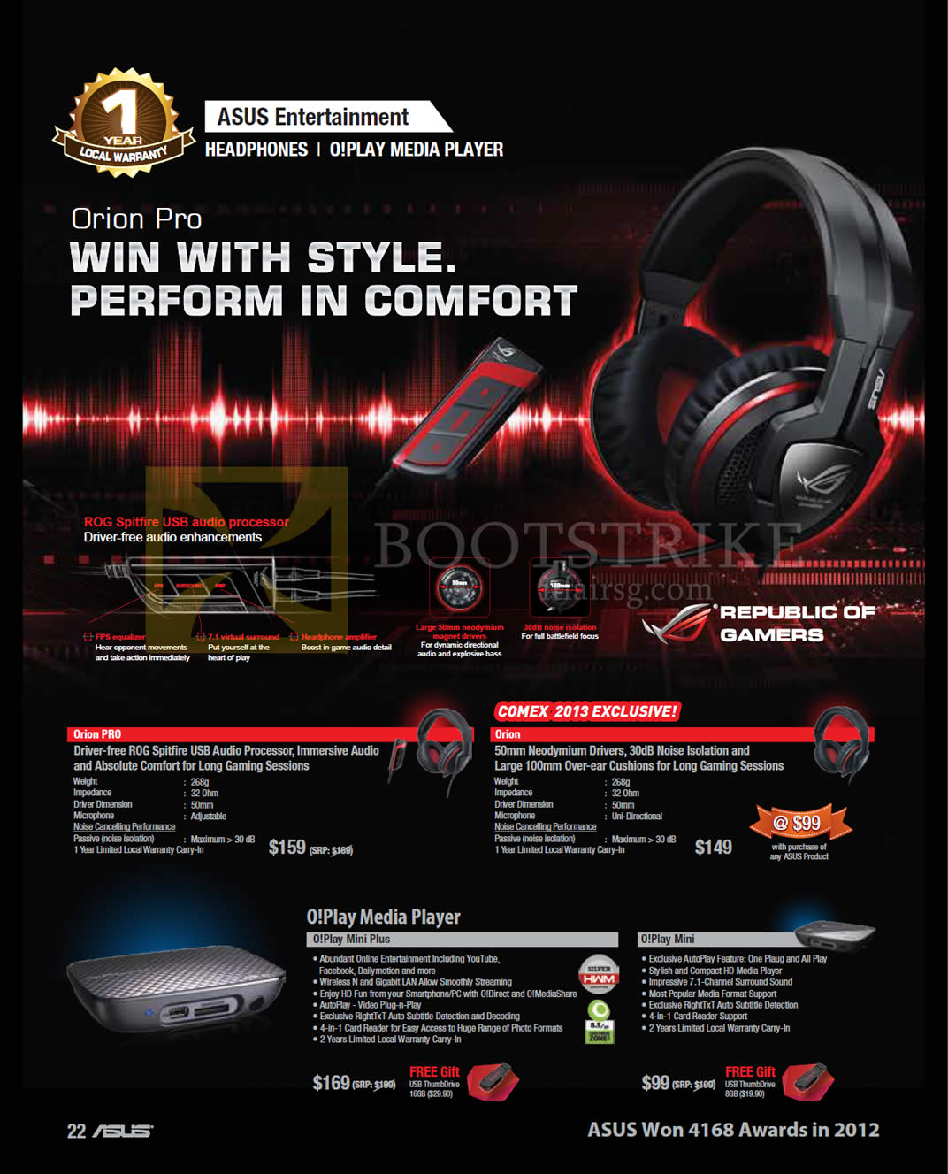COMEX 2013 price list image brochure of ASUS Media Players Headphones O Play Mini Plus, O Play Mini, Orion PRO, Orion