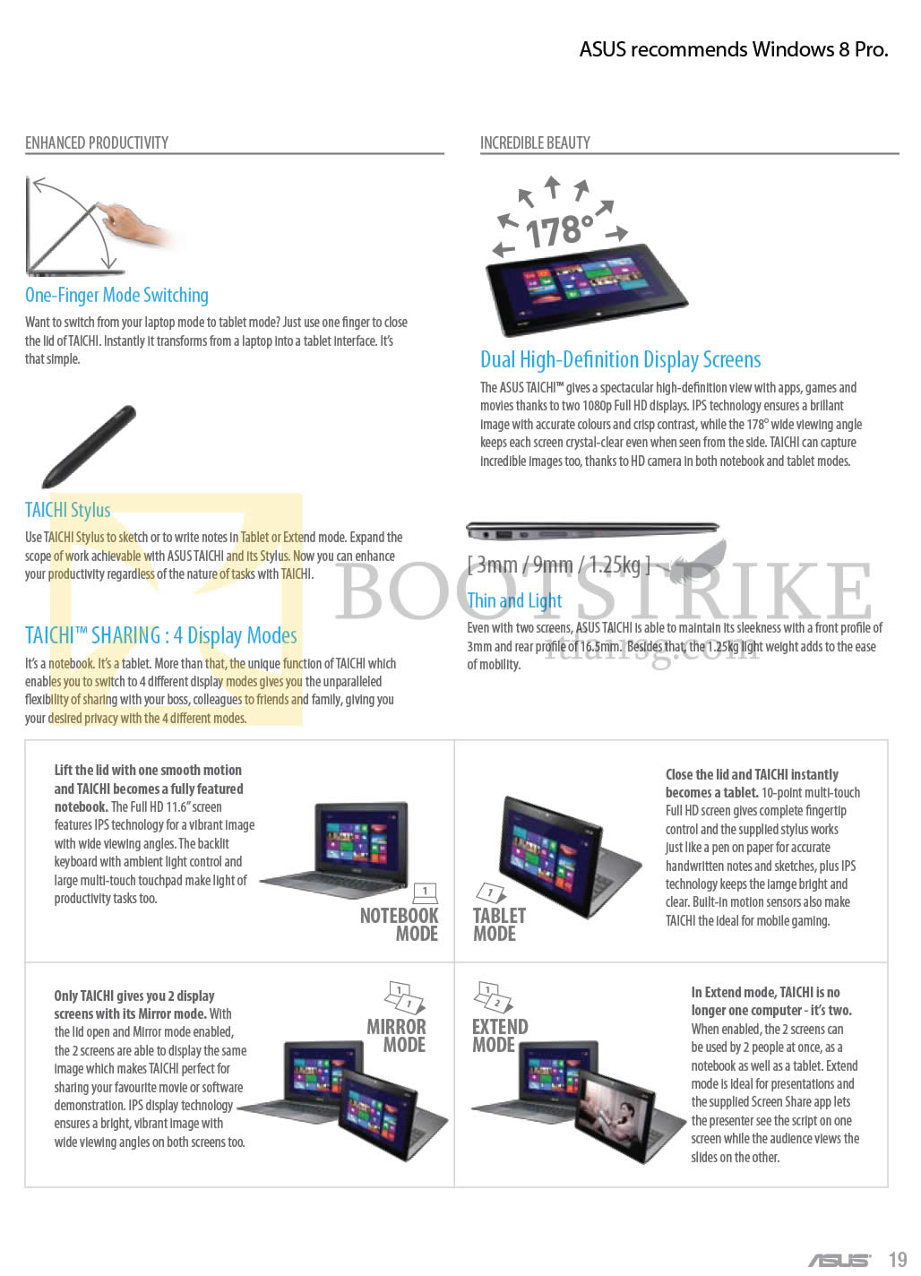 COMEX 2013 price list image brochure of ASUS Notebooks Taichi Features Stylus, Mode Switching, 4 Display Modes