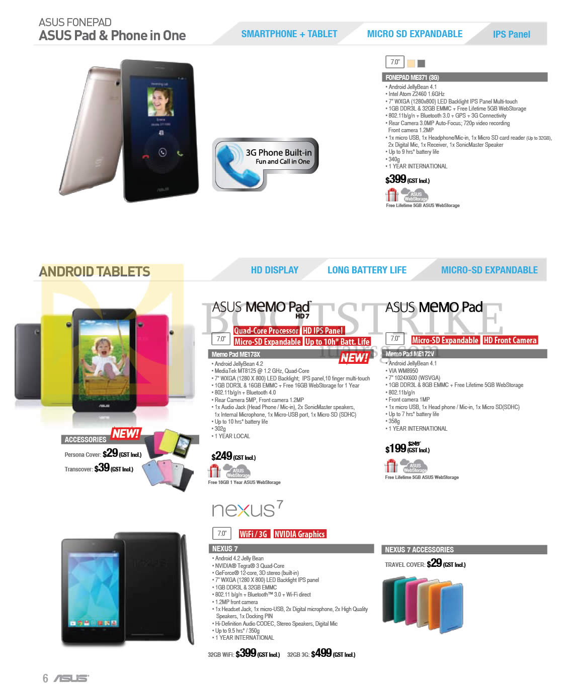 COMEX 2013 price list image brochure of ASUS Tablets Fonepad ME371, Memo Pad ME173X, ME172V, NEXUS 7, Accessories