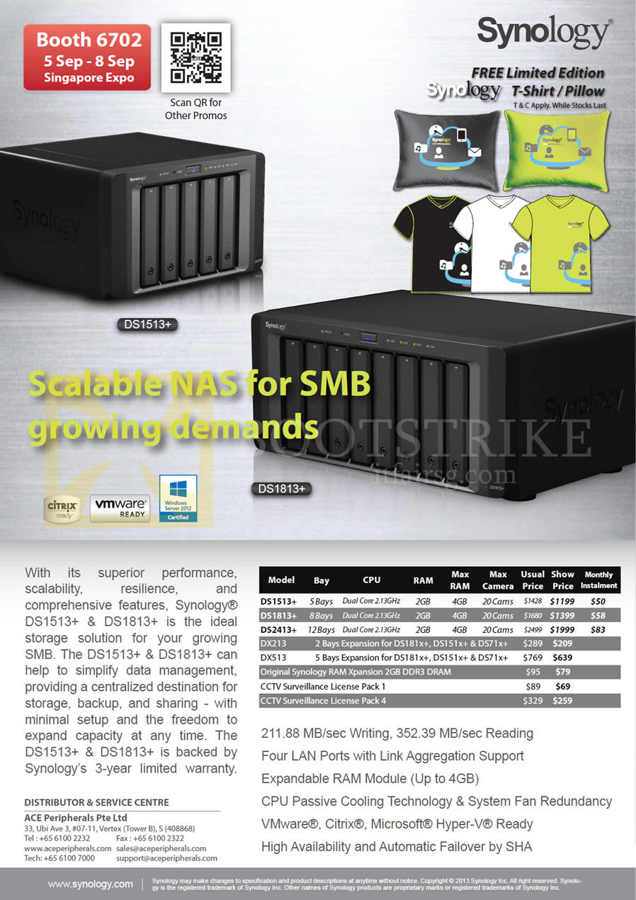 COMEX 2013 price list image brochure of Ace Peripherals Synology NAS DS1513 DS1813 DS2413 DX213 DX513, CCTV License