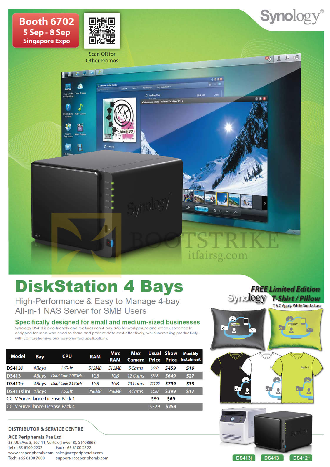 COMEX 2013 price list image brochure of Ace Peripherals Synology NAS DiskStation DS413J DS413 DS412 DS411Slim, CCTV License