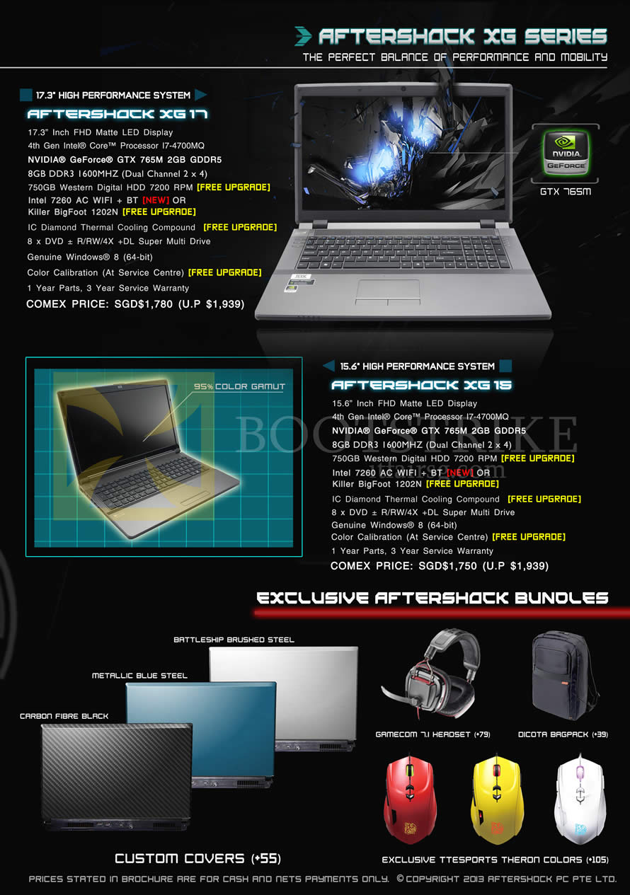 COMEX 2013 price list image brochure of Aftershock Notebooks XG17, XG15, Custom Covers, Mouse