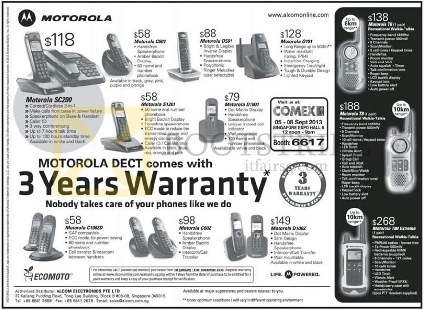 COMEX 2013 price list image brochure of Alcom Motorola Dect Phones SC200, C601, S1201, D501, Q101, D1001, T6, T8, T80 Extreme C1002D, C602, D1002