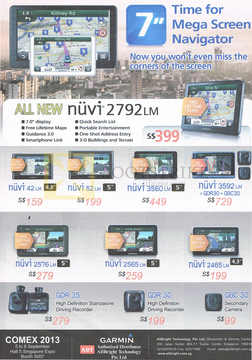 COMEX 2013 price list image brochure of Allbright Garmin GPS Navigators Nuvi 2792LM, 42LM, 52LM, 3560LM, 3592LM, 2576LM, 2565LM, 2465LM, Driving Recorder GDR 35, GDR 30, GBC 30