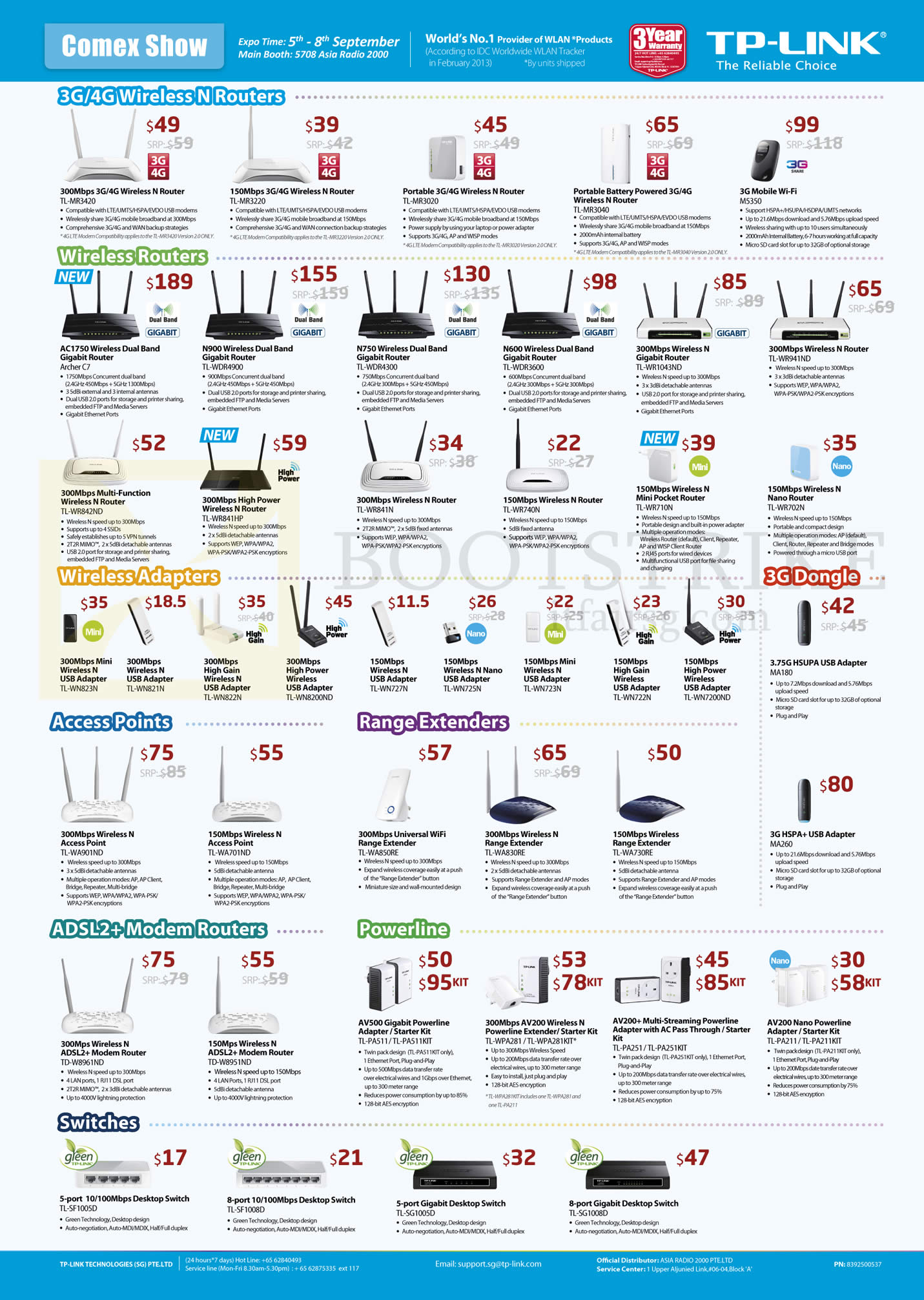 COMEX 2013 price list image brochure of Asia Radio TP-Link Networking Wireless Routers, 3G 4G, USB Adapters, 3G Dongle, Range Extenders, ADSL2 Modem Router, Powerline, Switches