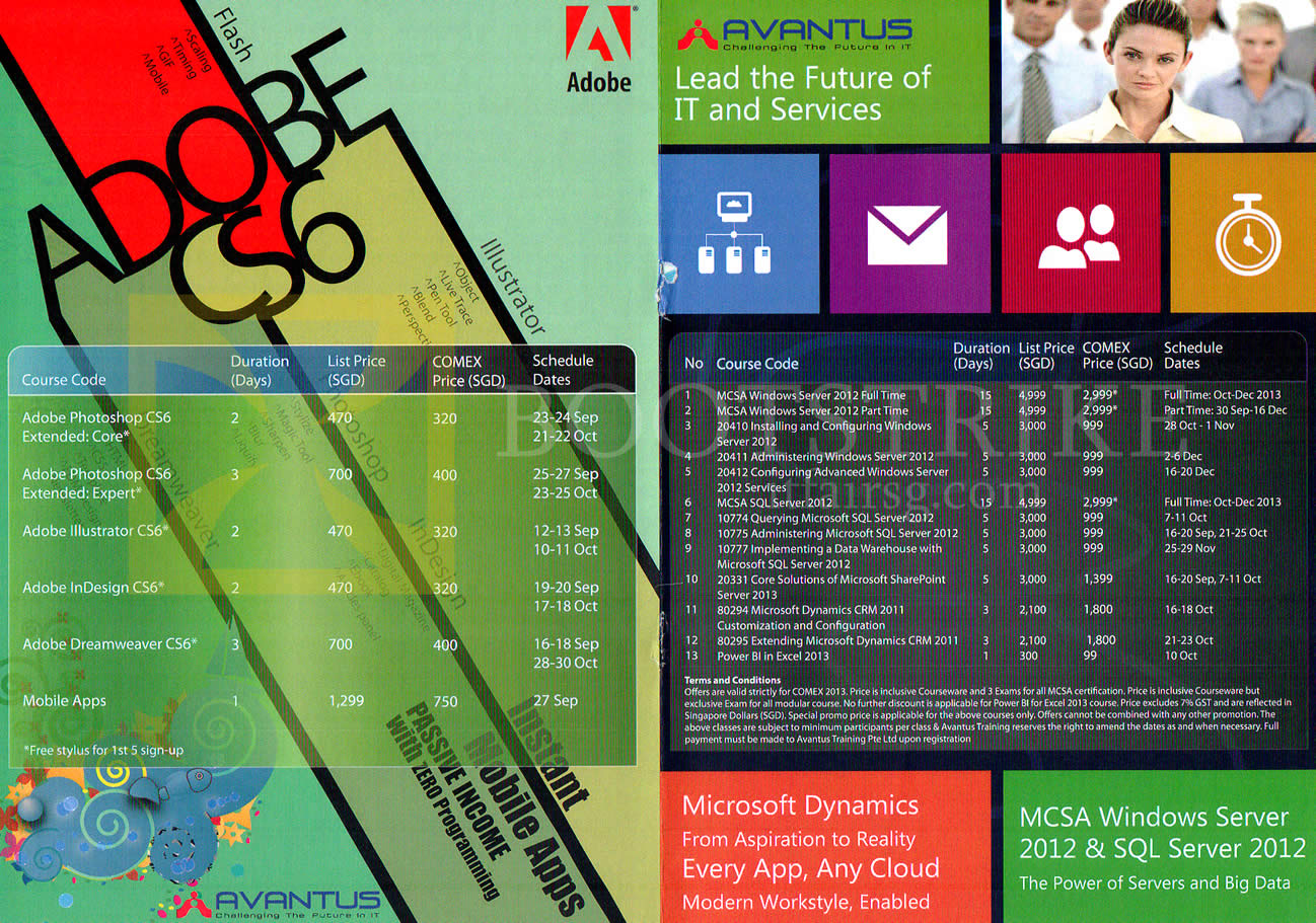 COMEX 2013 price list image brochure of Avantus Training Adobe CS6, Microsoft Windows MCSA, SQL, Dynamcs