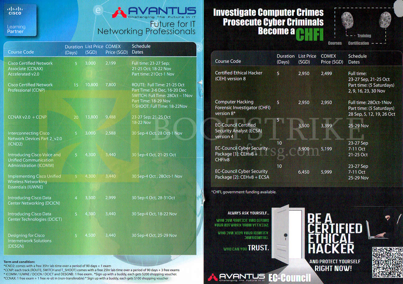COMEX 2013 price list image brochure of Avantus Training Cicsco CCNAX CCNP, CHFI Ethical Hacker, Forensic Investigator, EC-Council