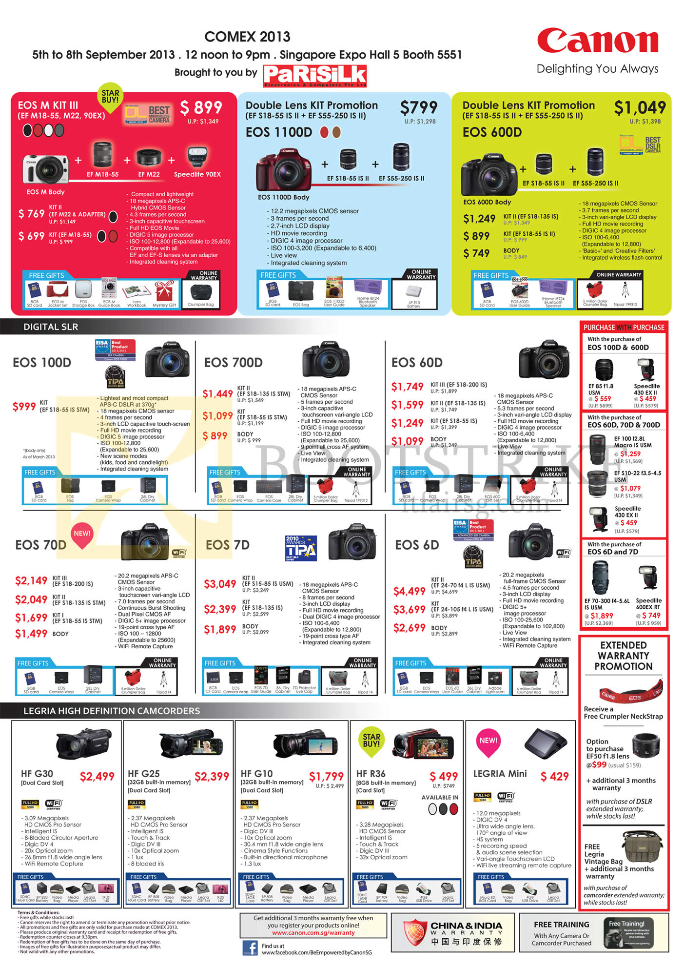 COMEX 2013 price list image brochure of Canon Digital Cameras DSLR EOS M, 1100D, 100D, 600D, 700D, 60D, 70D, 7D, 6D, Legria Camcorder HF G30 G25 G10 R36 Mini