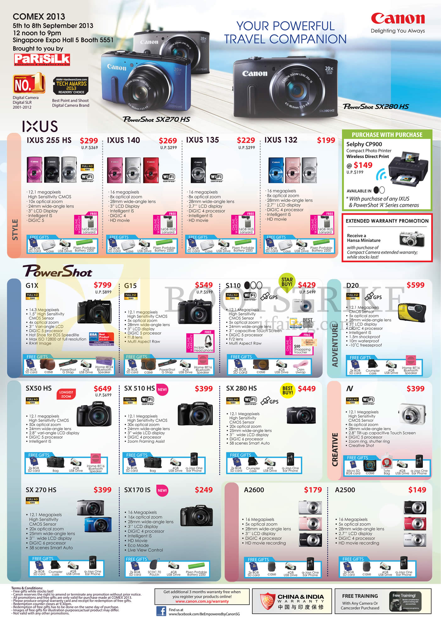 COMEX 2013 price list image brochure of Canon Digital Cameras IXUS 255 HS 140 135 132, PowerShot G1x G15 S110 D20, SX50 HS, SX 510 HS, SX 280 HS, N, SX 270 HS, SX170 IS, A2600, A2500