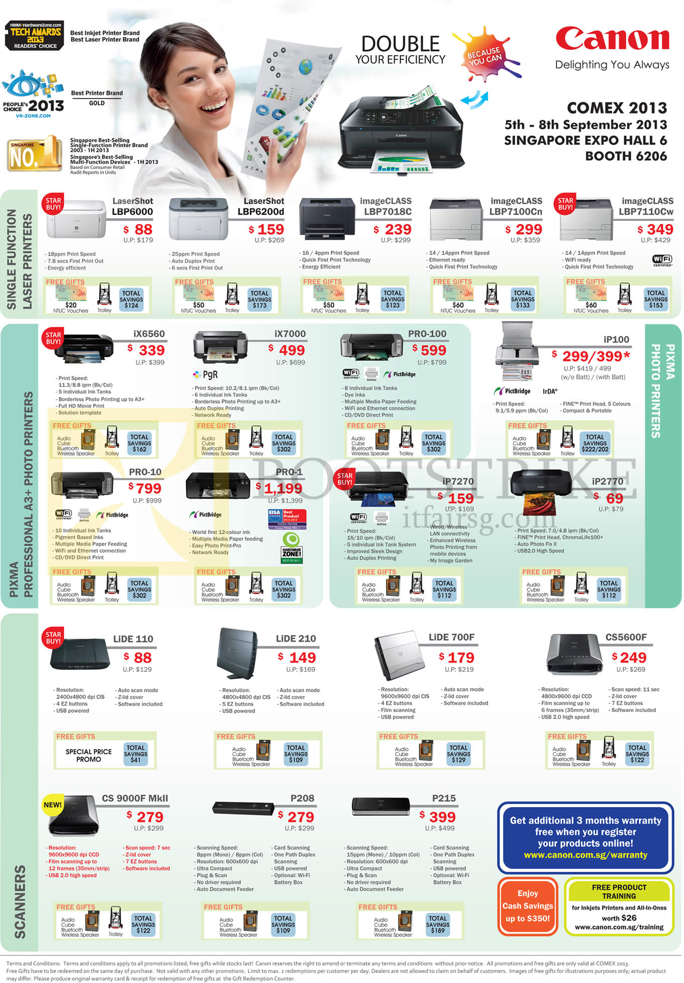 COMEX 2013 price list image brochure of Canon Printers LaserShot LBP6000 LBP6200d LBP7018C LBP7100Cn LBP7110Cw, Pixma IX6560 7000 Pro-100, IP7270 2770, Lide Scanners 110 700F 9000F P215 CS5600F