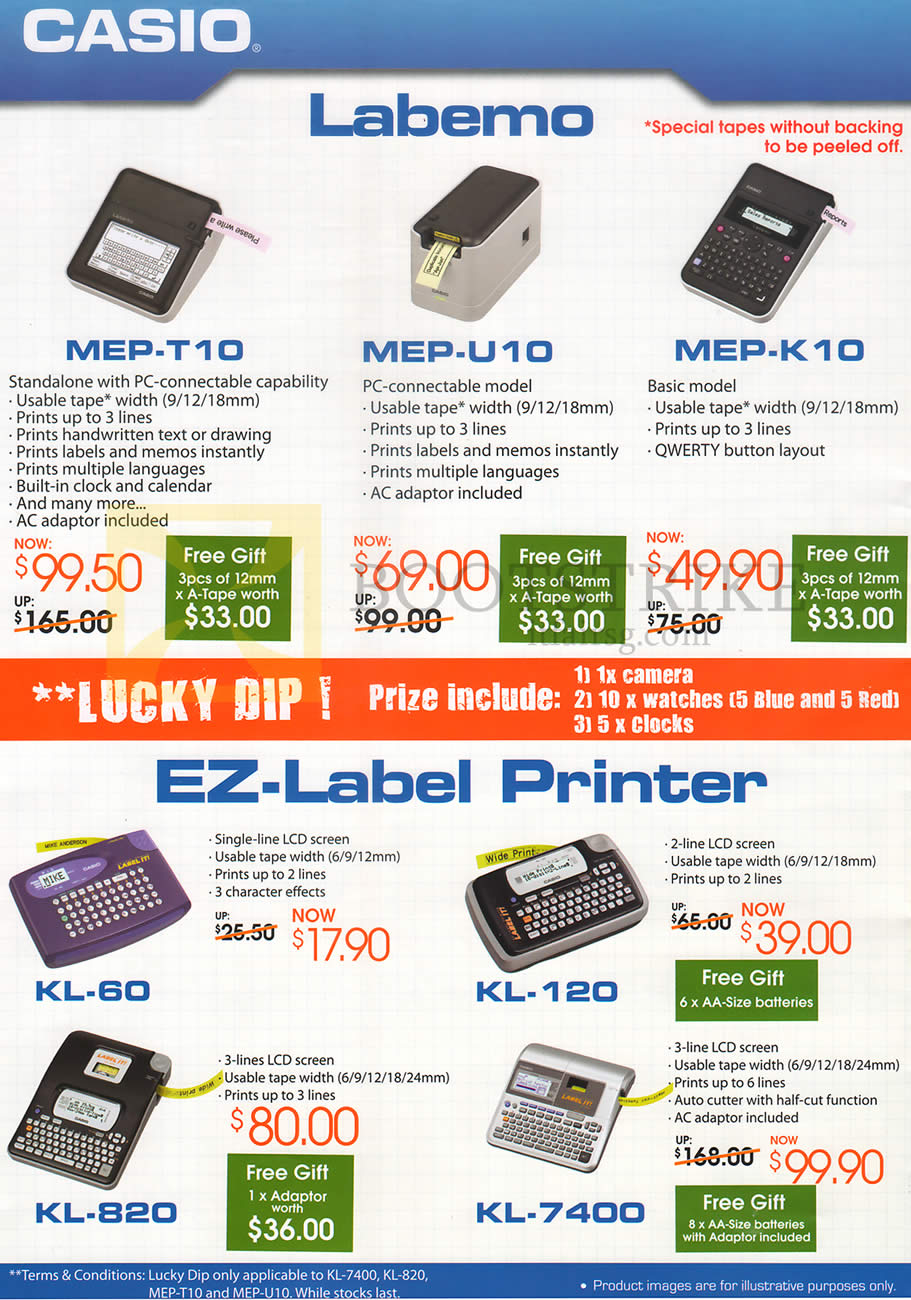 COMEX 2013 price list image brochure of Casio Labellers MEP-T10, MEP-U10, MEP-K10, KL-60, KL-120, KL-820, KL-7400