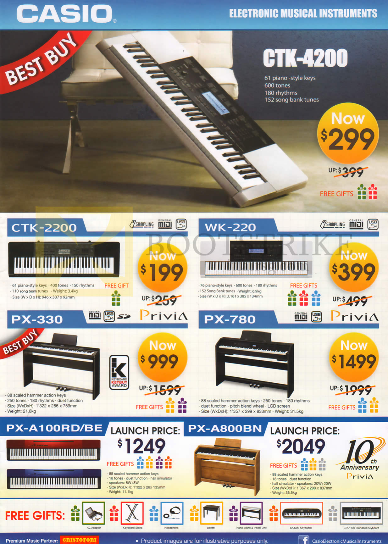 COMEX 2013 price list image brochure of Casio Musical Instruments CTK-2200, WK-220, PX-330, PX-780, PX-A100RD BE, PX-A800BN