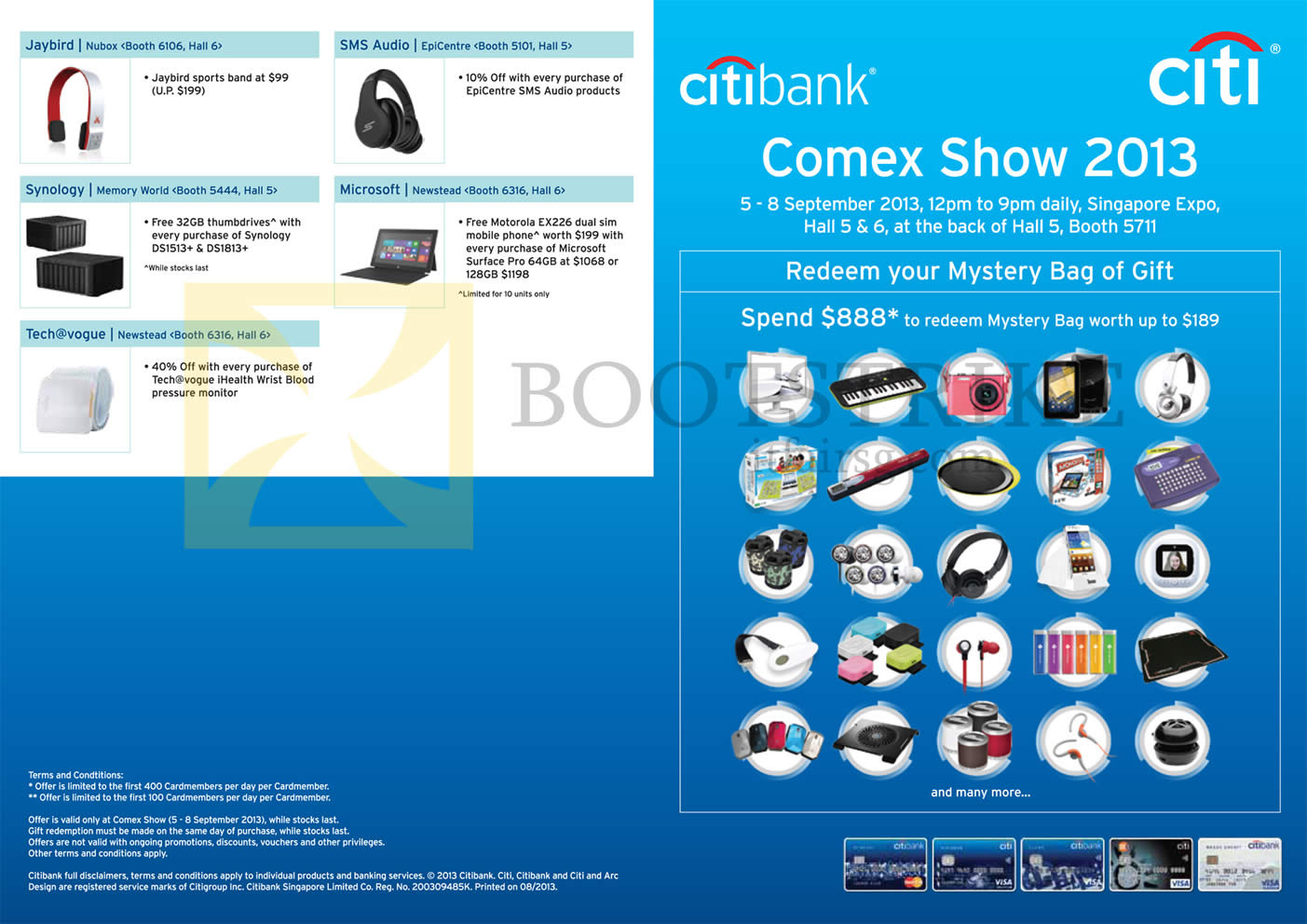 COMEX 2013 price list image brochure of Citibank Cards Charge N Redeem, Mystery Bag Of Gift, Jaybird, Microsoft, Synology, SMS Audio