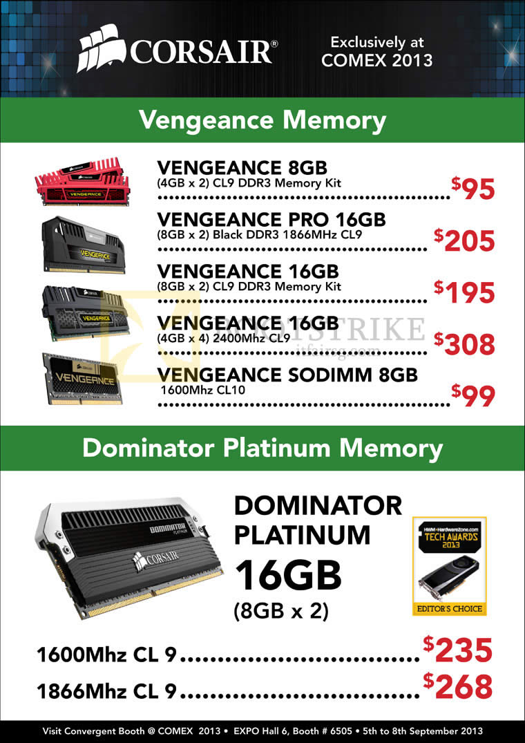 COMEX 2013 price list image brochure of Convergent Corsair RAM Memory Vengeaace DDR3, Dominator Platinum