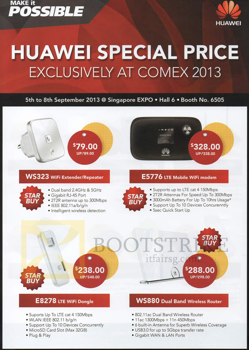 COMEX 2013 price list image brochure of Convergent Huawei Networking WS323 Wireless Extender, ES776 USB Modem, E8278 USB Modem, WS880 Router