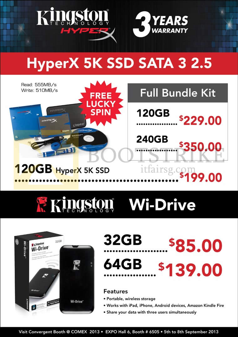 COMEX 2013 price list image brochure of Convergent Kingston SSD HyperX 5K Sata 3, Wi-Drive