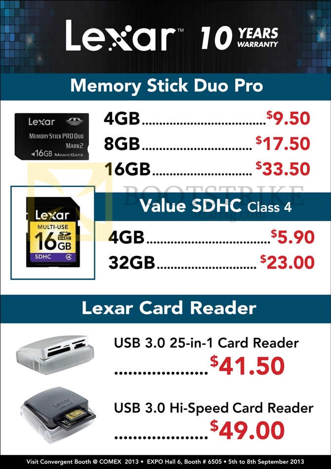 COMEX 2013 price list image brochure of Convergent Lexar Memory Stick Pro Duo, Value SDHC, Card Reader