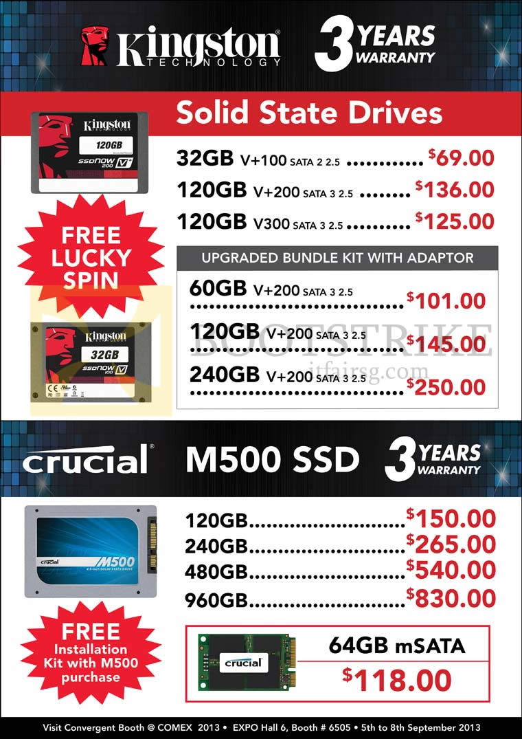 COMEX 2013 price list image brochure of Convergent SSD Kingston, Crucial M500 SSD