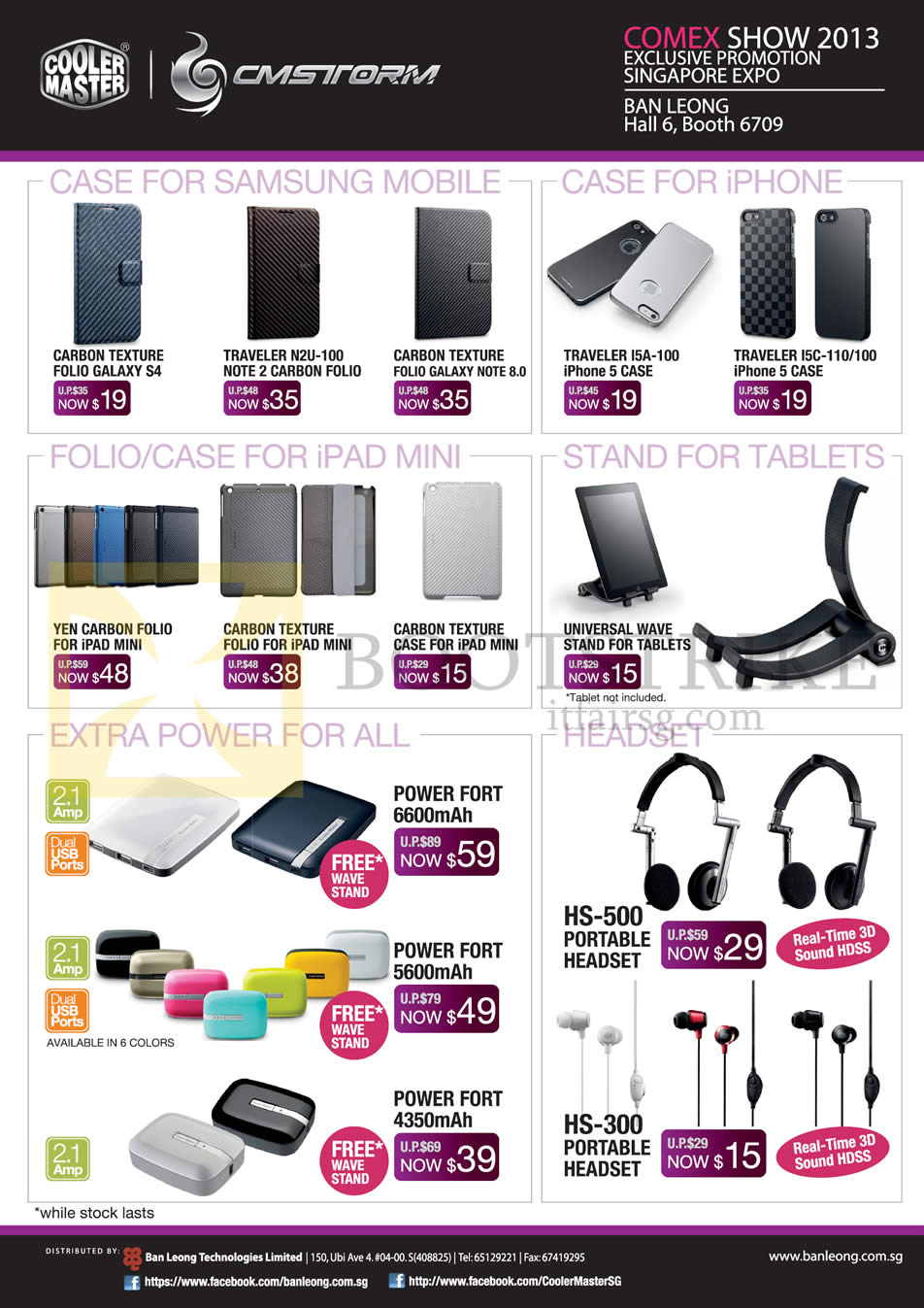 COMEX 2013 price list image brochure of Cooler Master CMStorm Ban Leong Case, Folio IPhone, IPad Mini, Tablets, External Charger Power Fort, Headsets HS-500 HS-300