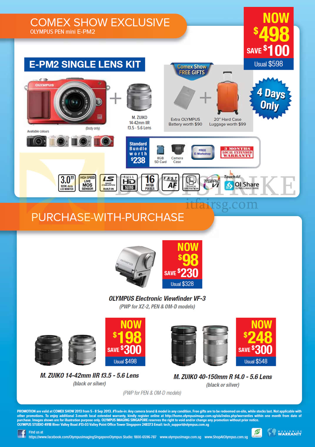 COMEX 2013 price list image brochure of Courts Olympus Digital Cameras E-PM2, Purchase With Purchase
