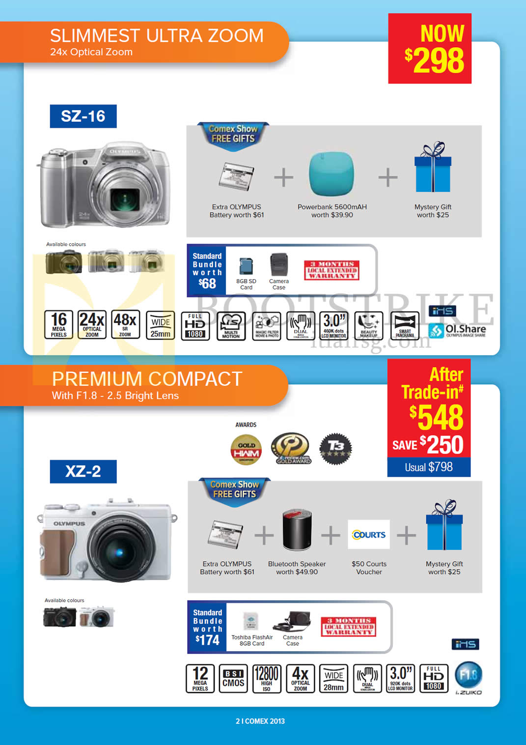 COMEX 2013 price list image brochure of Courts Olympus Digital Cameras SZ-16, XZ-2
