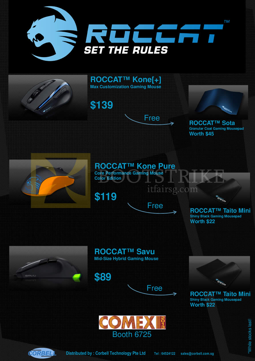 COMEX 2013 price list image brochure of Cybermind Roccat Kone Plus Mouse, Sota, Kone Pure, Taito Mini, Savu
