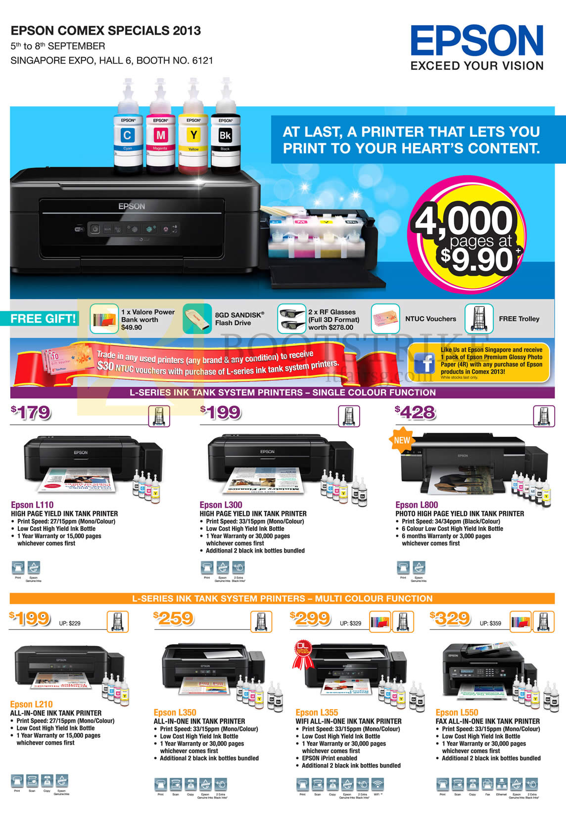 COMEX 2013 price list image brochure of Epson Printers Inkjet L110, L300, L800, L210, L350, L355, L550