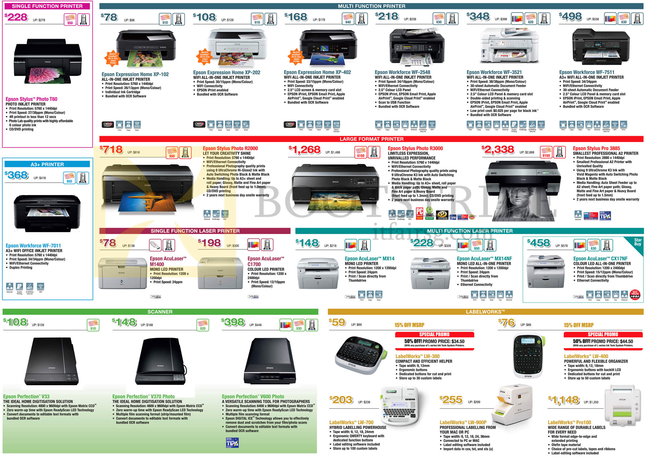 COMEX 2013 price list image brochure of Epson Printers Stylus Photo T60, XP-102 402, WF-2548 3521 7511 7011, R2000 R3000, Stylus Pro 3805, AcuLaser M1400 C1700 MX14 MX14NF CX17NF, Perfection Scanners