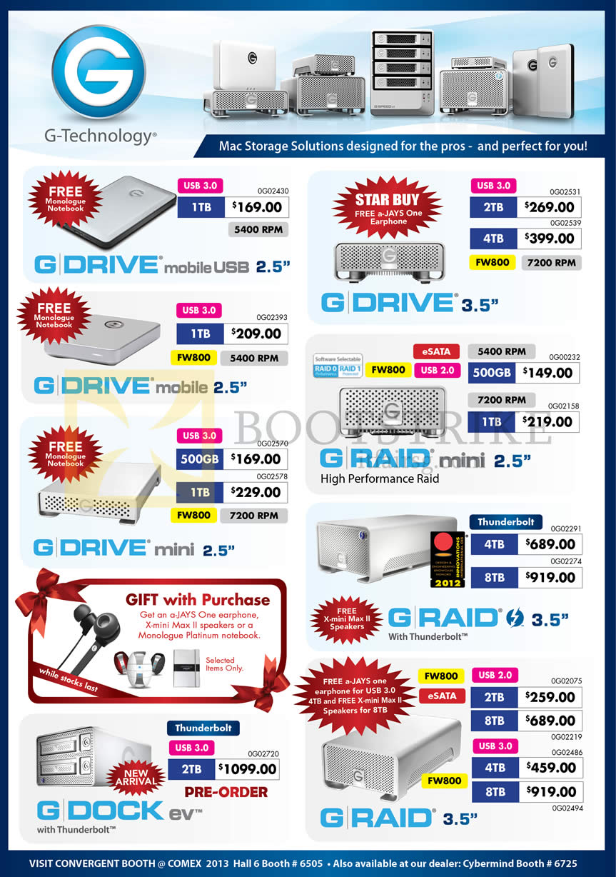 COMEX 2013 price list image brochure of G-Technology G Drive External Storage 500GB 1TB 2TB 4TB, G Raid, G Dock Thunderbolt