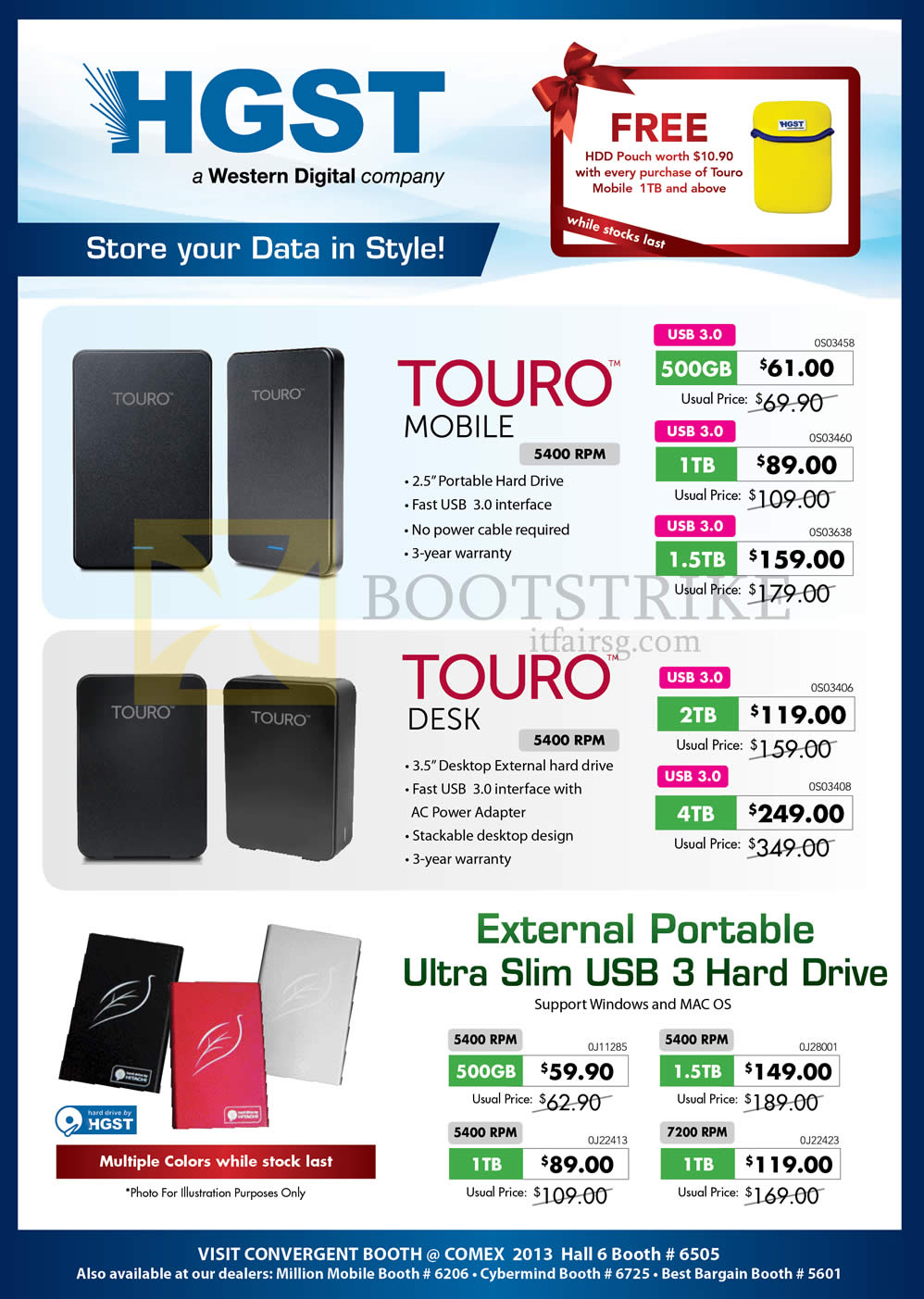COMEX 2013 price list image brochure of HGST External Storage Touro Mobile, Desk, Slim 500TB 1TB 1.5TB 2TB 4TB
