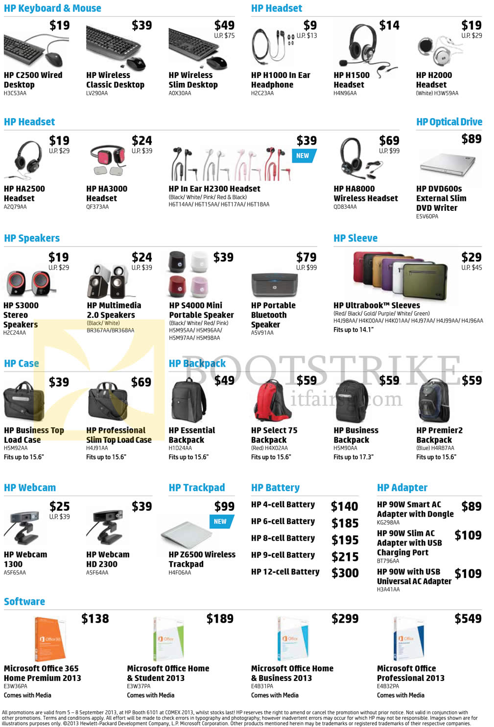 COMEX 2013 price list image brochure of HP Accessories Keyboard, Mouse, Headset, Speakers, Case, Webcam, Battery, Power Adapter, External Optical Drive, Backpacks, Microsoft Office 365, Office 2013