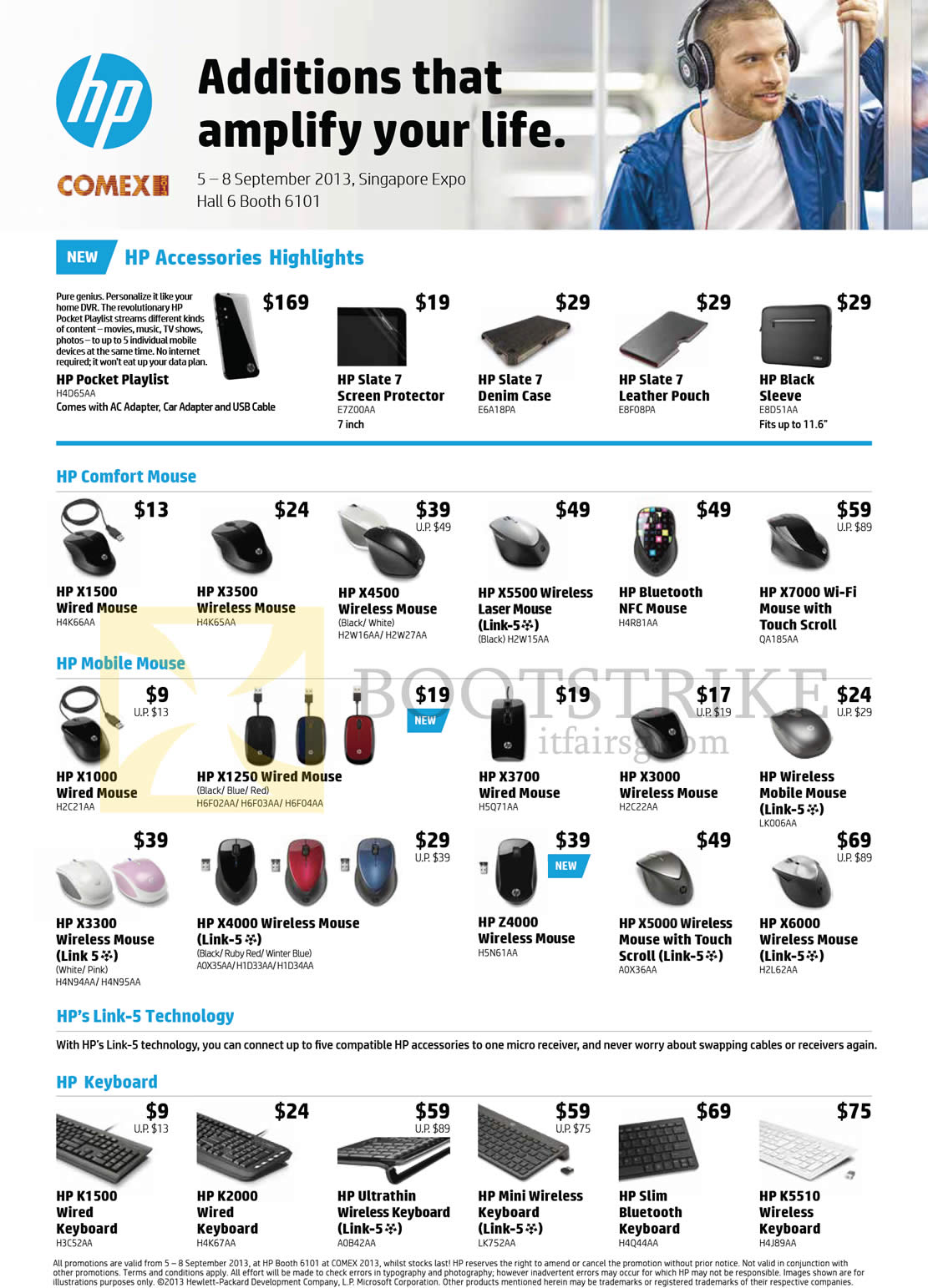 COMEX 2013 price list image brochure of HP Accessories Mouse X5500 X7000, Mobile Mouse X6000 X5000 Z4000 X1250, Screen Protector, Leather Pouch, Sleeve, Keyboard Wireless K5510 Bluetooth