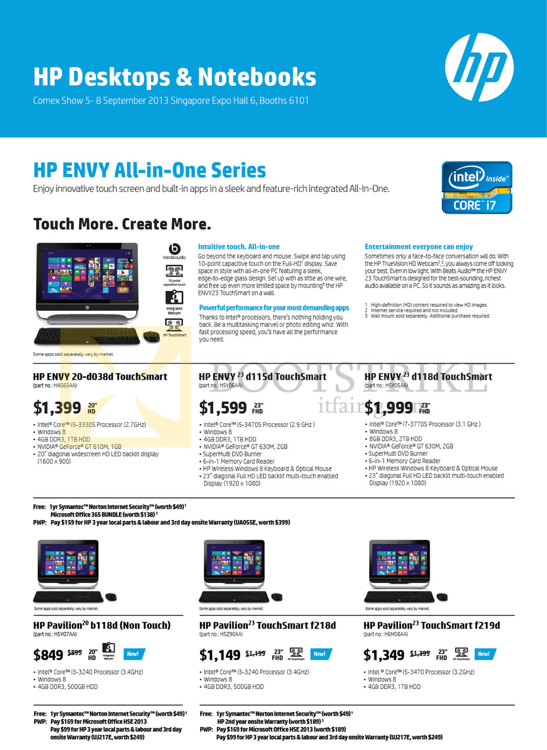 COMEX 2013 price list image brochure of HP Desktop PCs ENVY 20-d038d TouchSmart, 23-d115d, 23-d118d, Pavilion 20-b118d, 23-f218d, 23-f219d