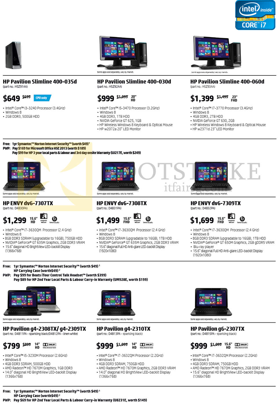 COMEX 2013 price list image brochure of HP Desktop PCs Notebooks Pavilion Slimline 400-035d, 400-030d, 400-060d, ENVY Dv6-7307TX, Dv6-7308TX, Dv6-7309TX, G4-2308TX, G4-2309TX, G4-2310TX, G6-2307TX
