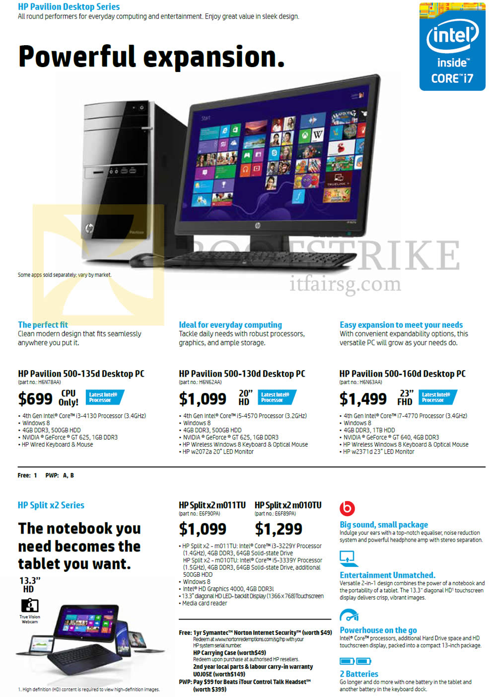 COMEX 2013 price list image brochure of HP Desktop PCs Pavilion 500-135d, 500-130d, 500-160d, Split X2 M011TU, M010TU