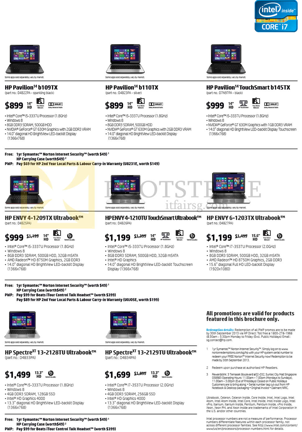 COMEX 2013 price list image brochure of HP Notebooks Pavilion 14-b109TX, 14-b110TX, 14-b145TX, ENVY 4-1209TX, 4-1210TU, 6-1203TX, Spectre XT 13-2128TU, 13-2129TU