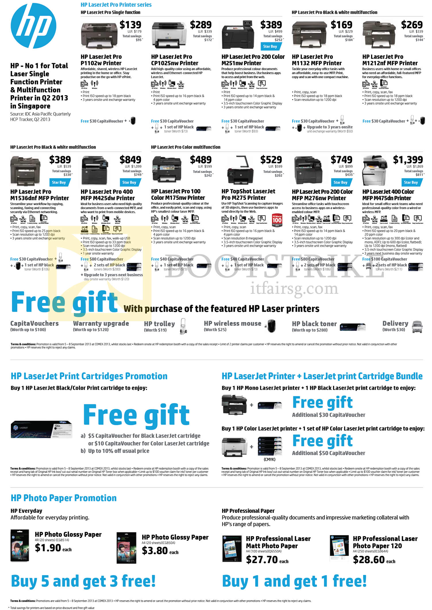 COMEX 2013 price list image brochure of HP Printers LaserJet Pro P1102w, CP1025nw, M251nw, M1132, M1212nf, M1536dnf, M425dw, M175nw, M276nw, M475dn, TopShot M275