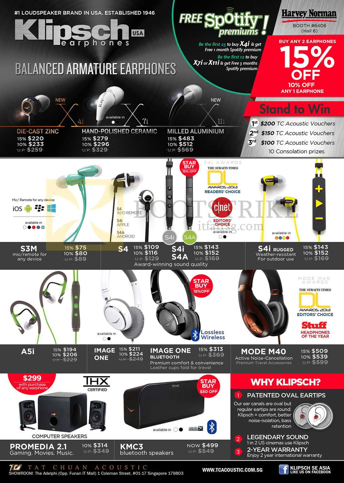 COMEX 2013 price list image brochure of Harvey Norman Klipsch Earphones X4i, X7i, 11i, S3M, S4, S4i, S4a, A5i, Image One, Mode M40 Headphones, Promedia 2.1 Speakers, KMC3