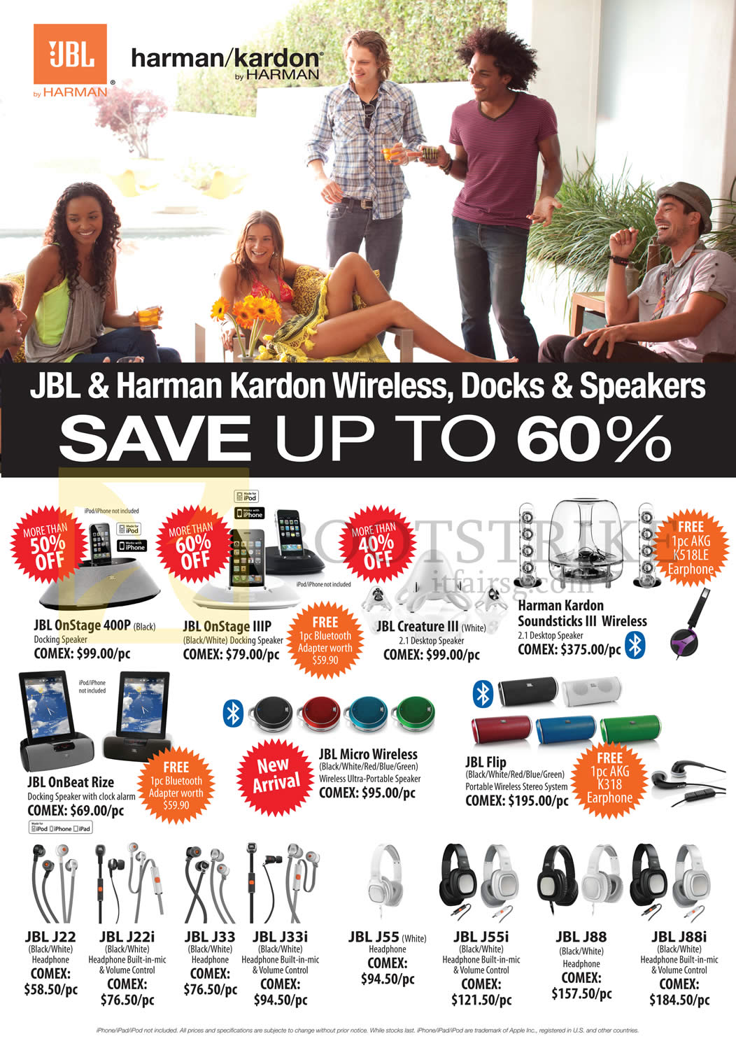 COMEX 2013 price list image brochure of JBL Harman Kardon Docks, Earphones, Headphones, OnStage 400P, IIIP, Creature III, Soundsticks III, OnBeat Rize, Micro Wireless, Flip, J22, J22i, J33, J33i, J55, J55i, J88, J88i