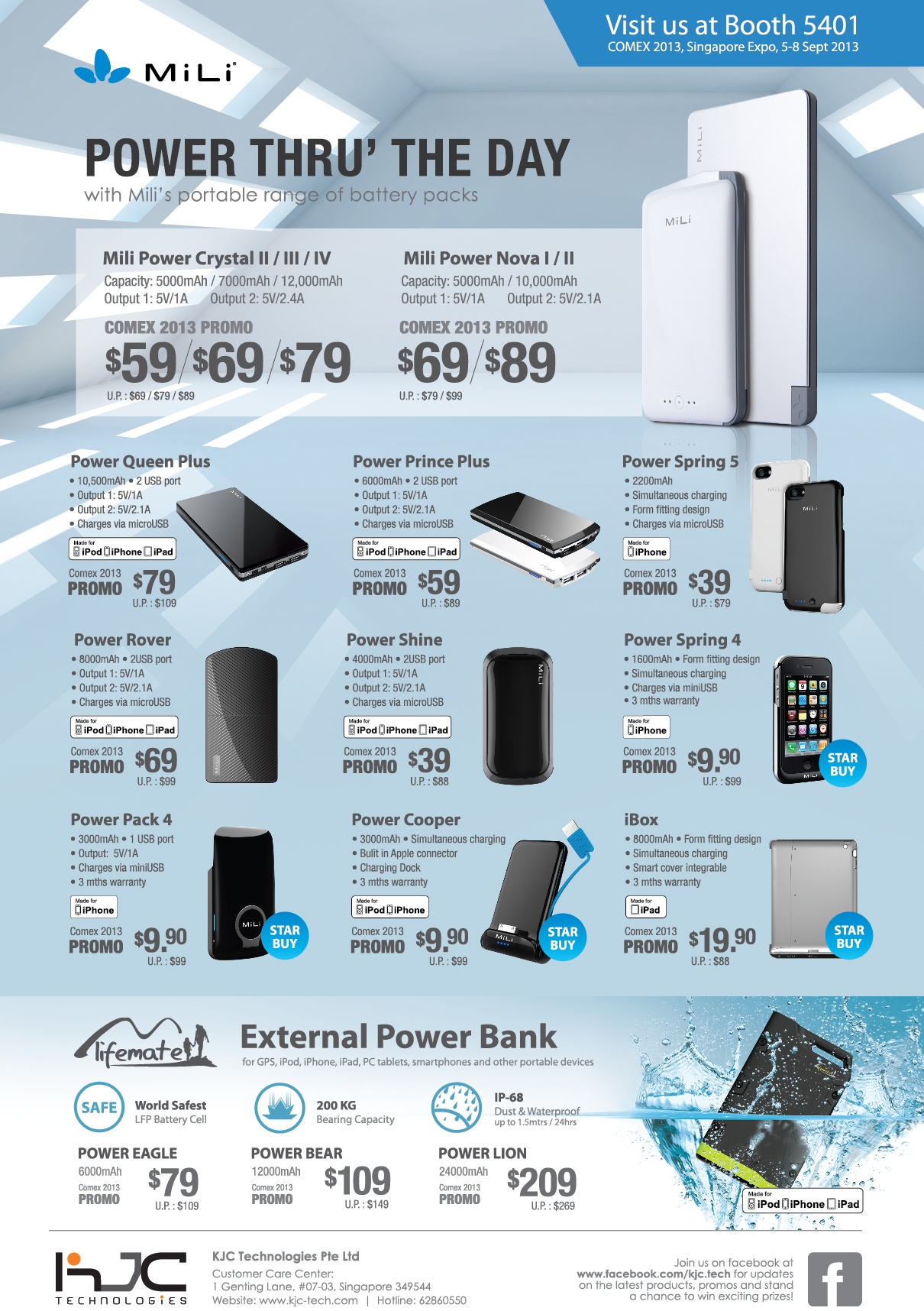 COMEX 2013 price list image brochure of KJC MiLi External Power Chargers Power Crystal, Power Nova, Queen Plus, Prince, Spring, Shine, Rover, Cooper, Lifemate Eagle, Bear, Lion